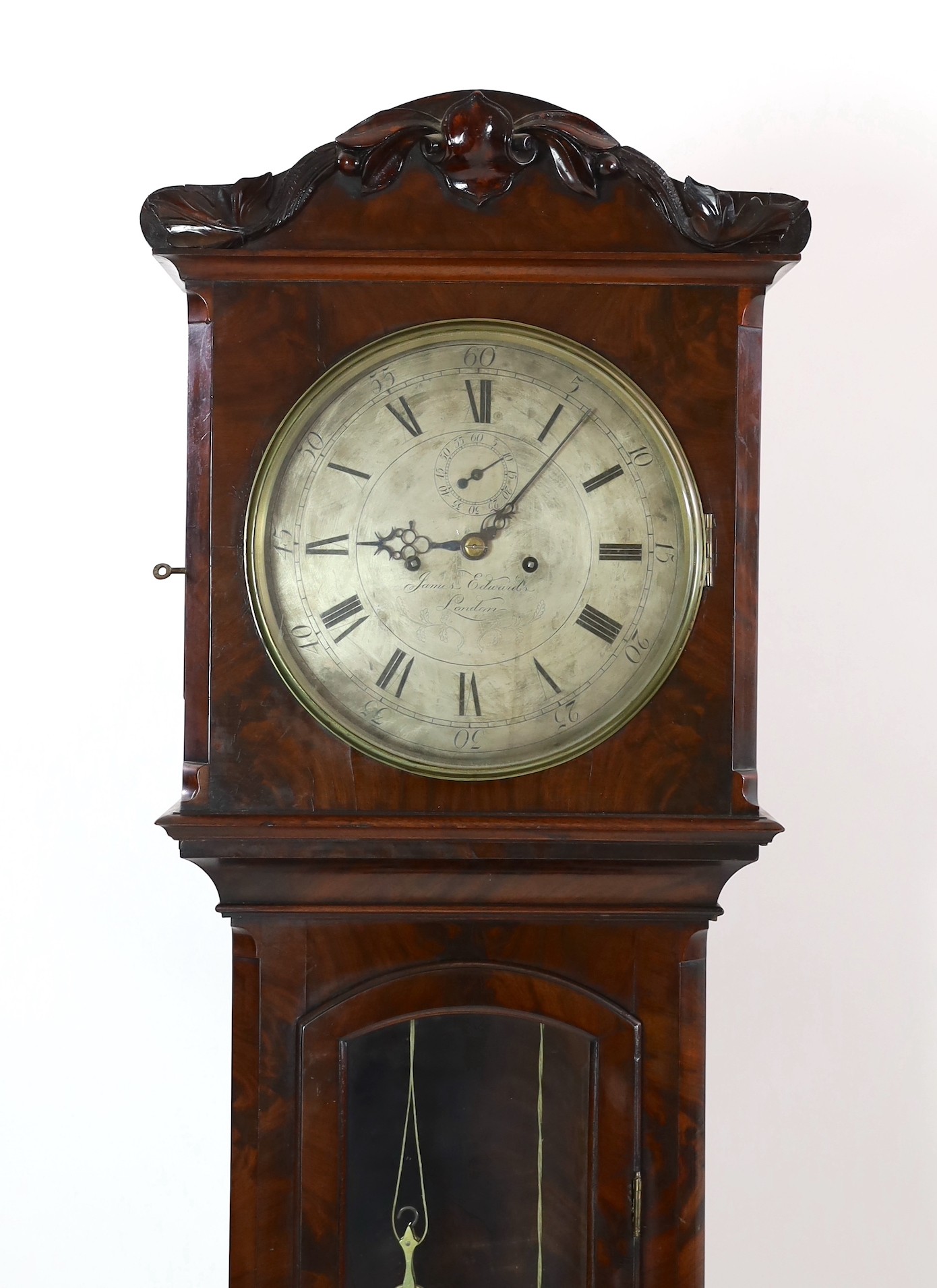 James Edwards of London. An early Victorian flame mahogany cased regulator, 49cm wide, 208cm high